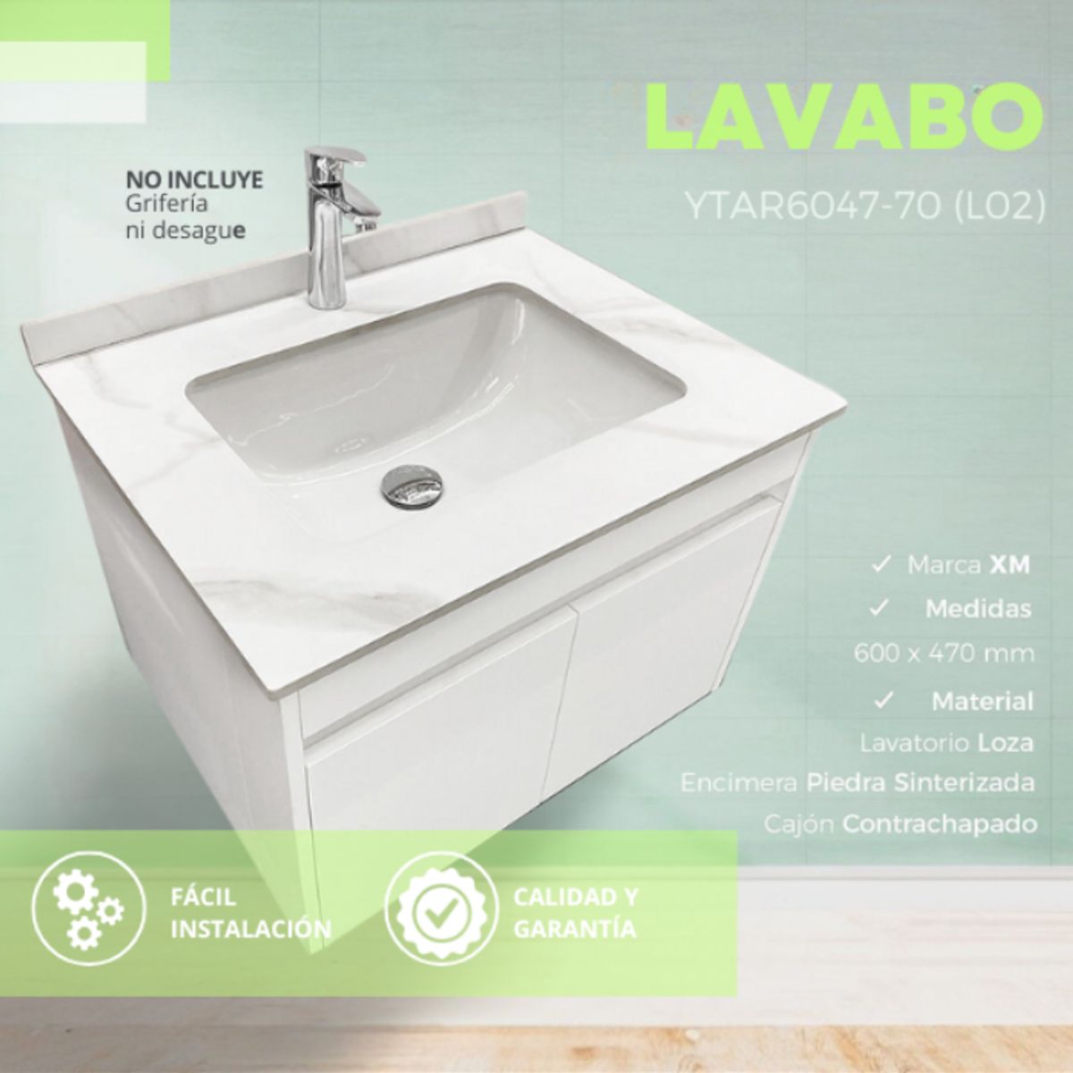 XM - LAVATORIO CON MESA PORCELANATO BLANCO HUMO YTAR6047-70 L02