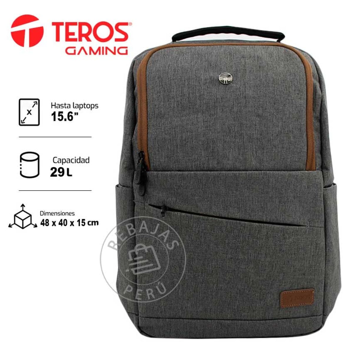 TEROS - Mochila TEROS Gris 16 con múltiples bolsillos y tira carry-on