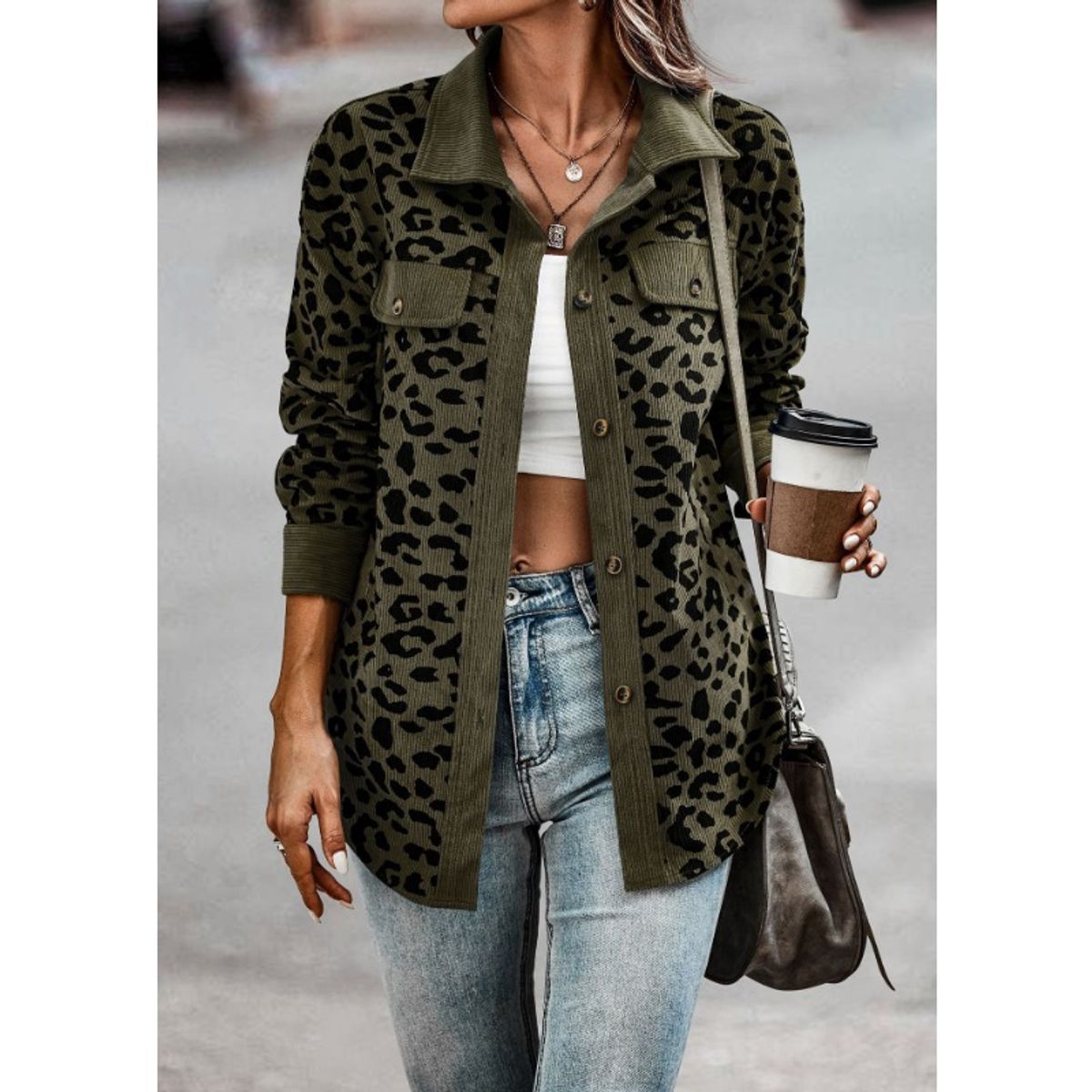 GIOIO - Chaqueta de leopardo para mujer casual versátil y ajustada
