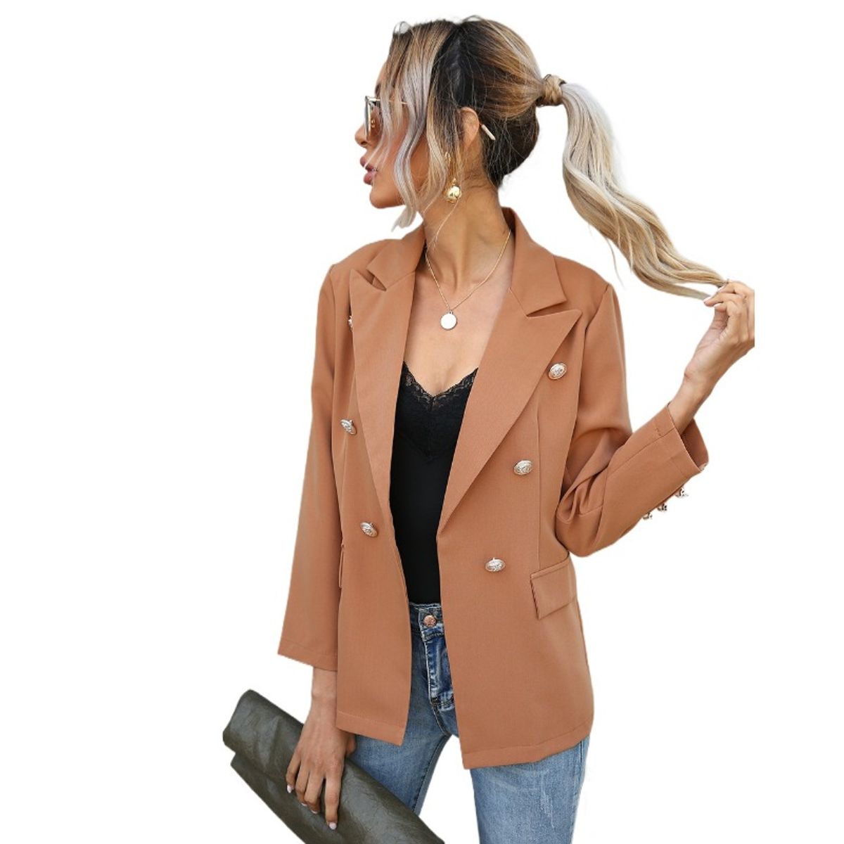 GIOIO - Chaqueta mujer estilo europeo manga larga con botones casual entallada