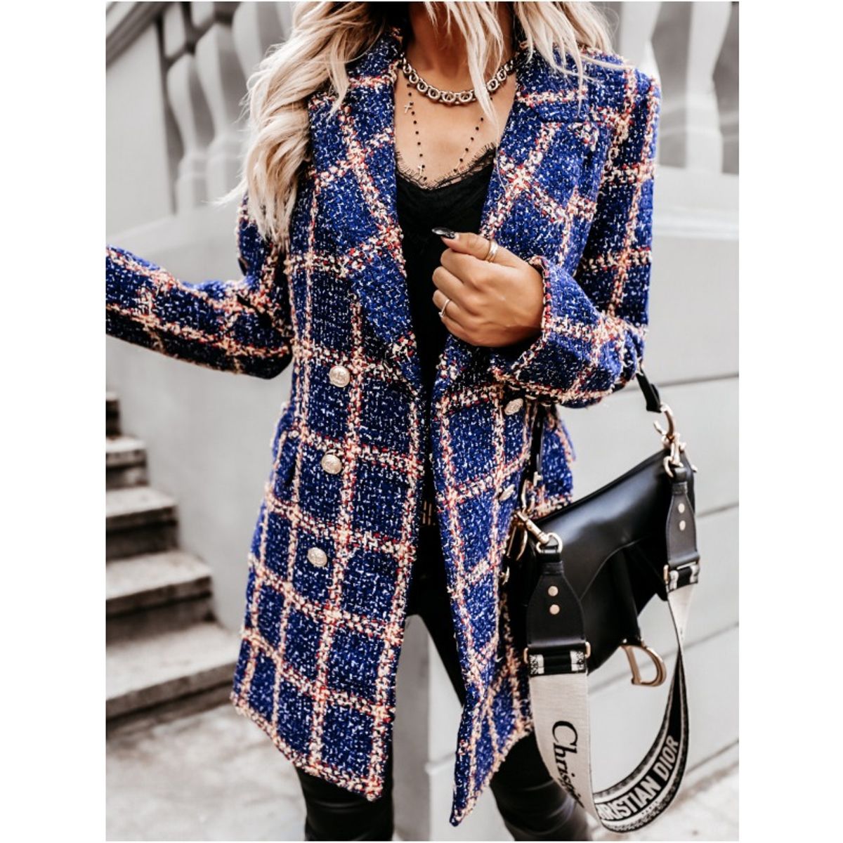 GIOIO - Chaqueta mujer estilo europeo estampada larga con cuello casual entallada