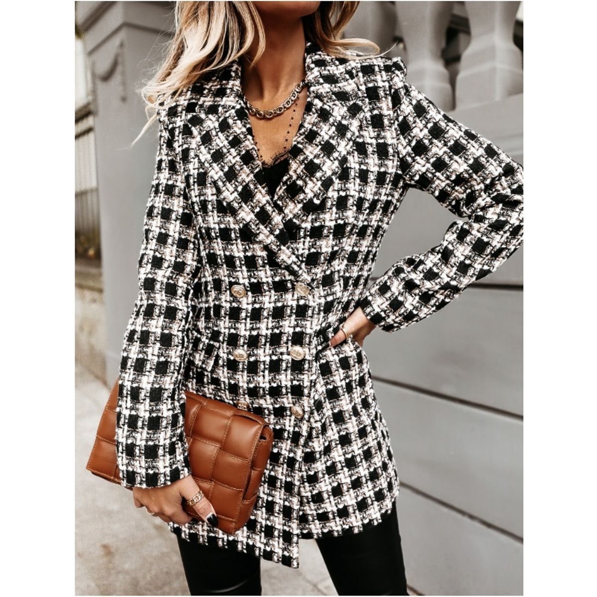 GIOIO - Chaqueta mujer estilo europeo estampada larga con cuello casual entallada