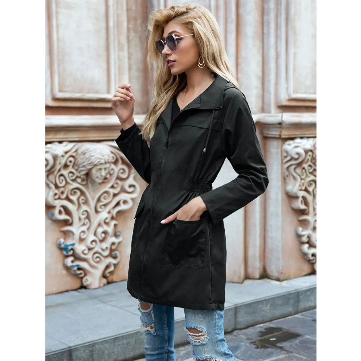 GIOIO - Chaqueta impermeable mujer con capucha y cinturon para montaña casual