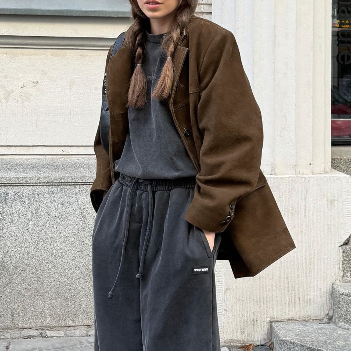 GIOIO - Chaqueta mujer de ante marron con cuello retro holgada casual