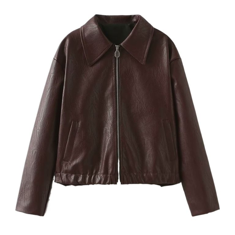 Chaqueta De Cuero Lisa Para Mujer - Estilo Bomber Con Cremallera, Corte Entallado, Casual Y Elegante