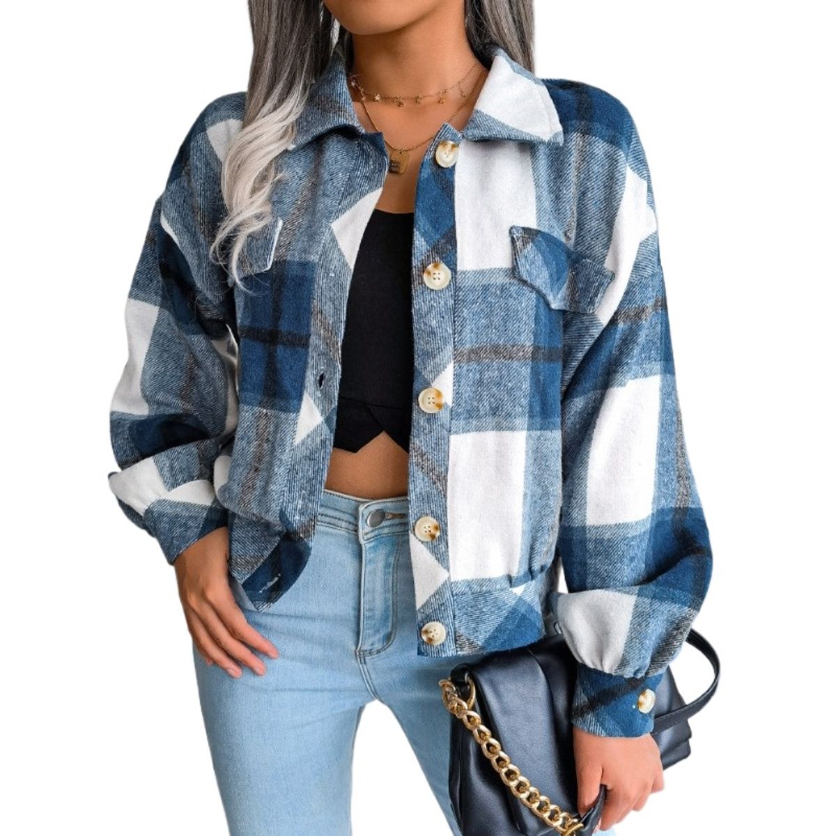 GIOIO - Chaqueta Mujer Cuadros Mangas Globo Lana Otoño Invierno