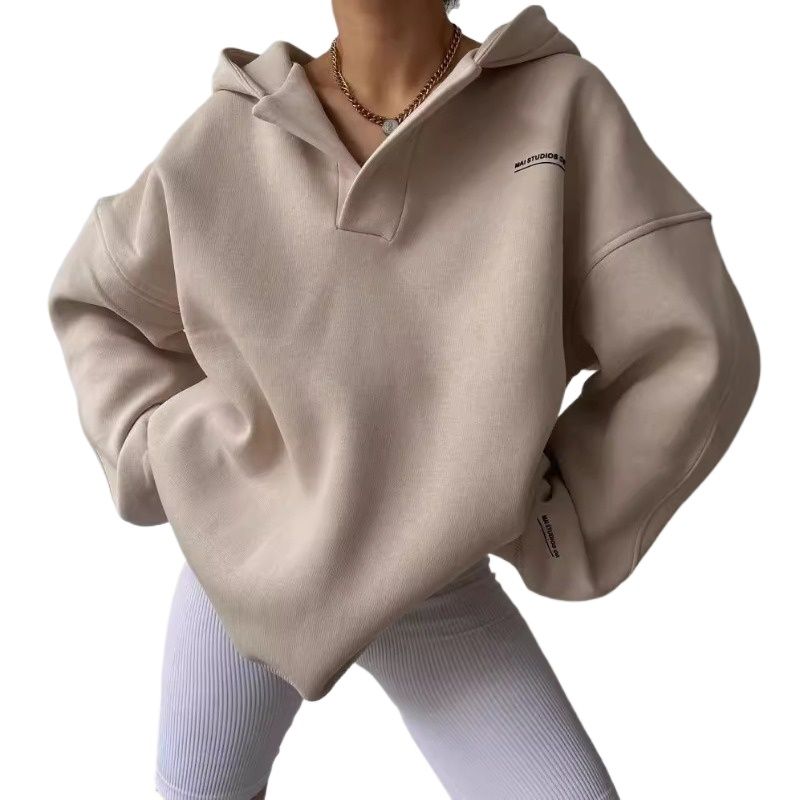 GIOIO - Buzo mujer con capucha estampado manga larga cuello V forrado casual