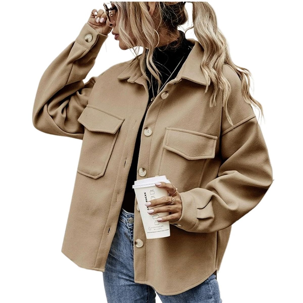 GIOIO - Abrigo Mujer Solapa Cuello Botonadura Simple Lana Grueso Holgado