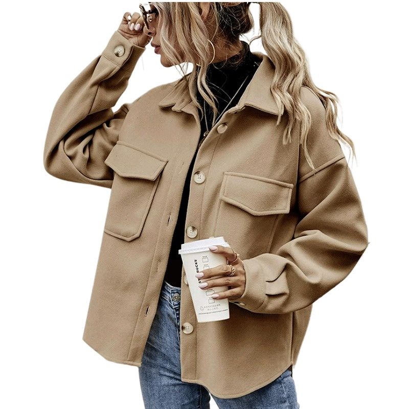 GIOIO - Abrigo Mujer Solapa Cuello Botonadura Simple Lana Grueso Holgado