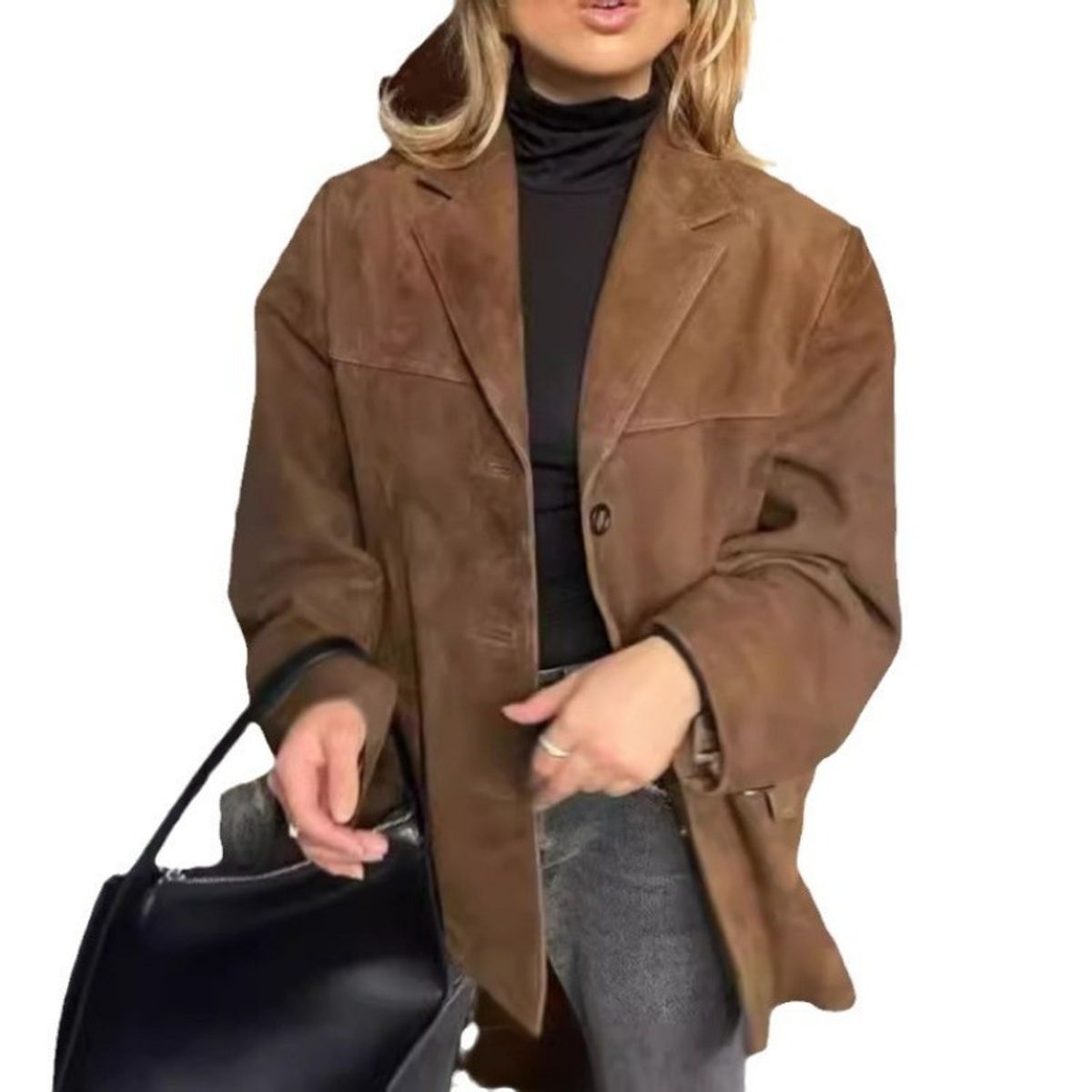 GIOIO - Chaqueta Mujer Marrón Cuello Solapa Ante Holgado Estilo Vintage