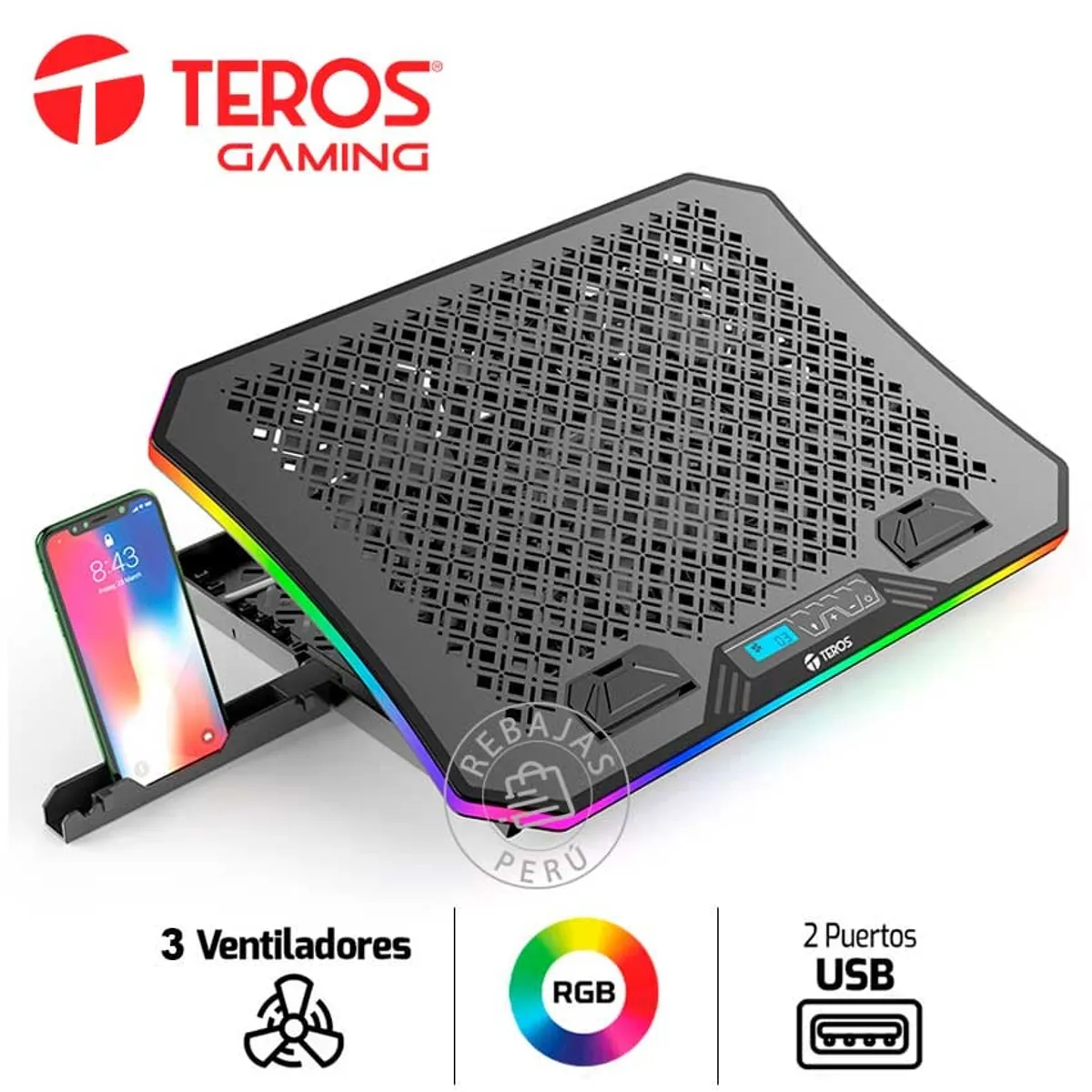 TEROS - Cooler TEROS 19", 3 ventiladores, RGB, pantalla LCD y altura ajustable
