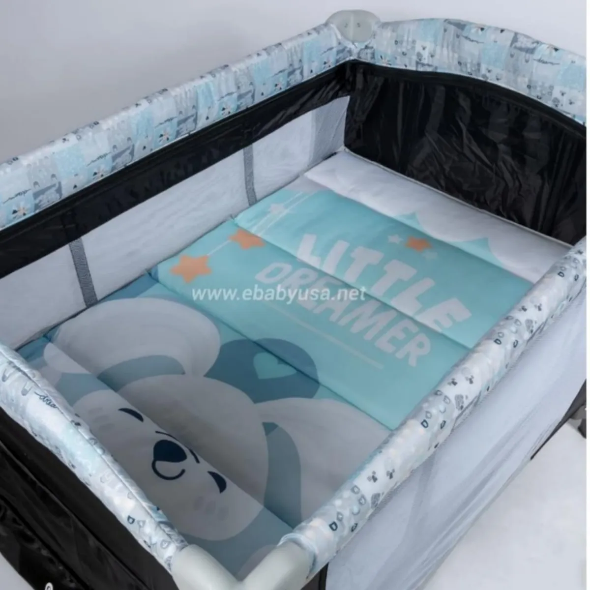 EBABY - Cuna Corral Mecedora Sally CELESTE CON PLOMO 716-B