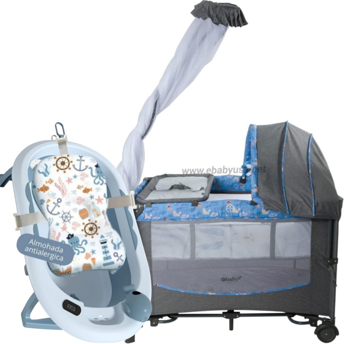 EBABY - Cuna Colecho Mecedora Dacora + Tina Plegable CELESTE