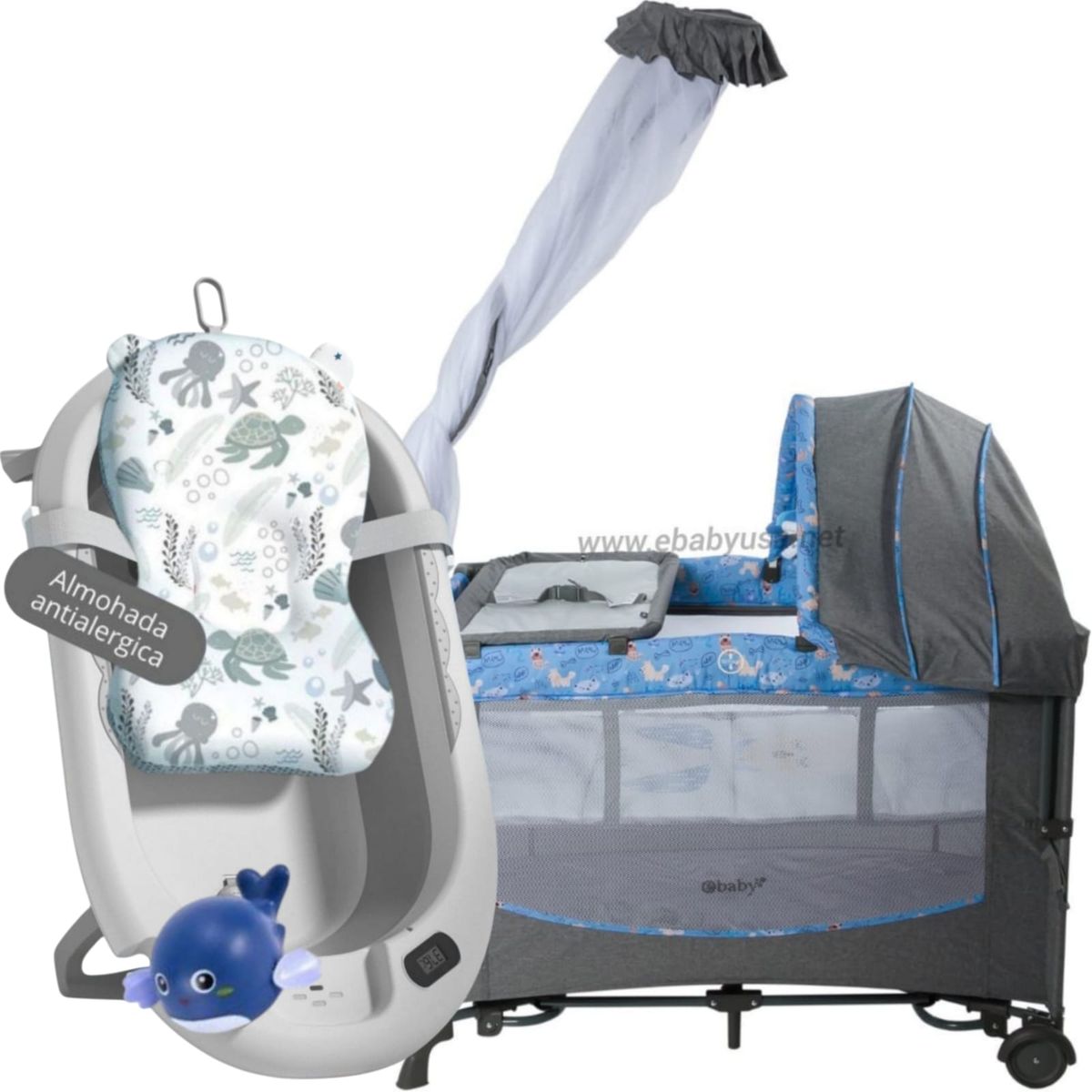 EBABY - Cuna Colecho Mecedora Dacora + Tina Plegable CELESTE