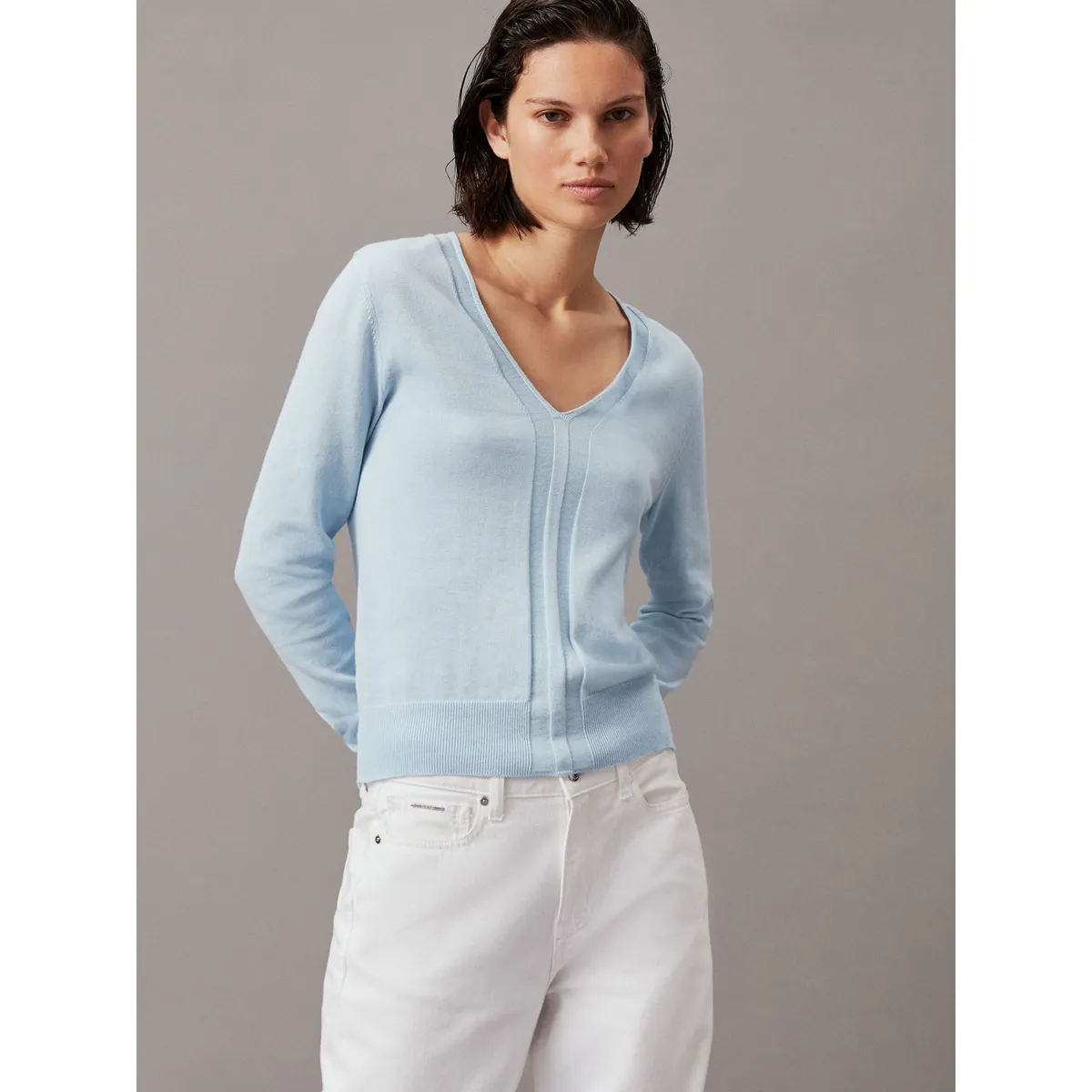 CALVIN KLEIN - SWEATER COTTON SILK V-NECK SWEATER
