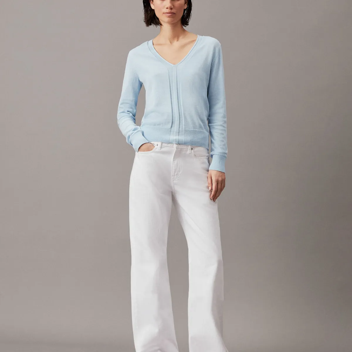 CALVIN KLEIN - SWEATER COTTON SILK V-NECK SWEATER