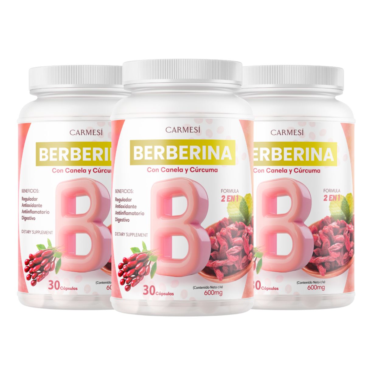 OEM - 3 x Berberina - Equilibrio de la Glucosa y Prevención Diabética con Canela y Cúrcuma - Carmesí