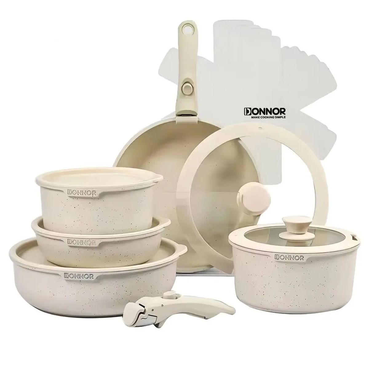 GENERICO - JUEGO DE OLLAS ANTIADHERENTE BLANCO DE 17 PIEZAS MANGO EXTRAIBLE