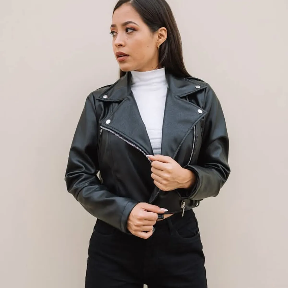 GENERICO - CASACA BIKER CUERINA CASUAL PARA MUJER