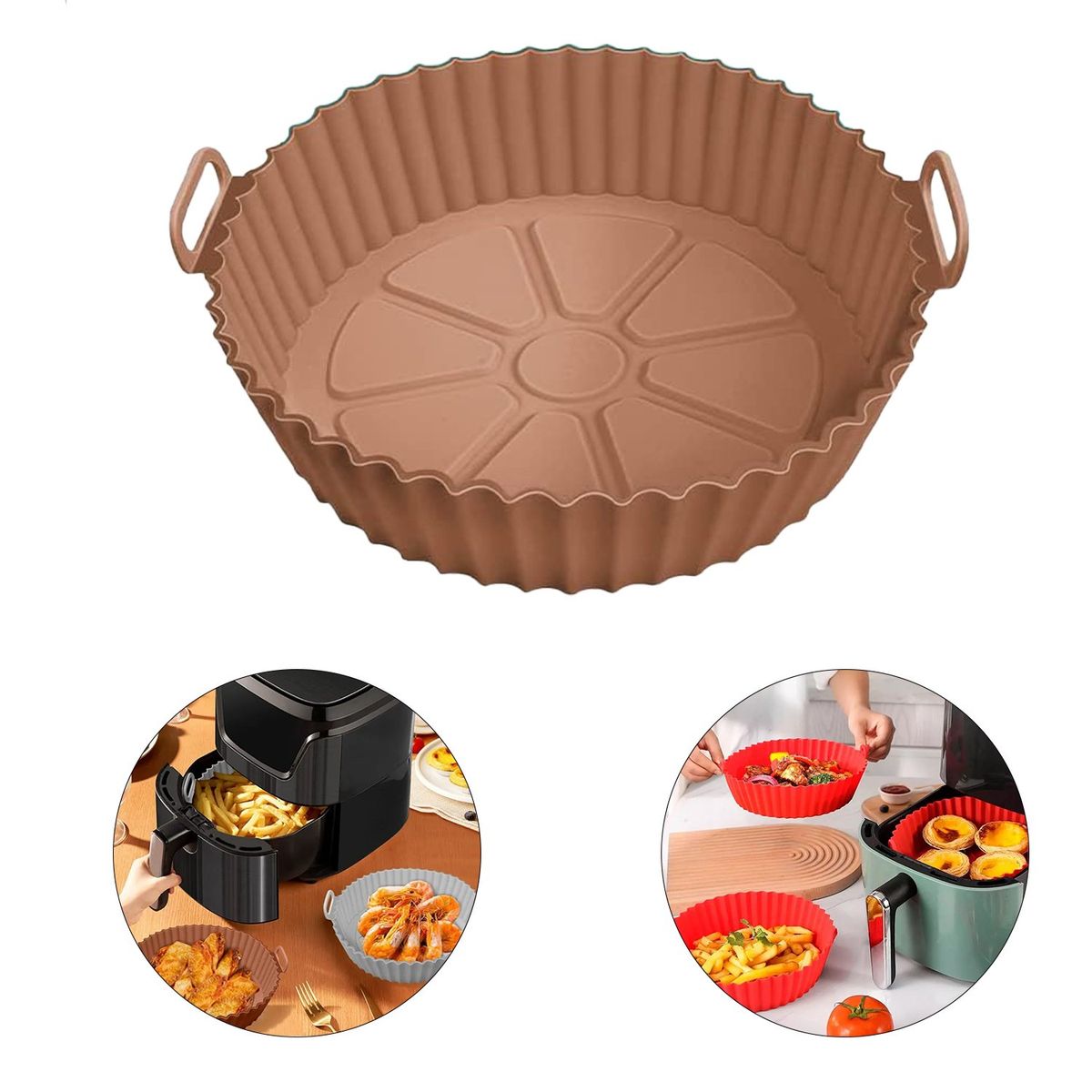 GENERICO - Pack 3 bandejas de silicona para freidora de aire sin aceite - Márron