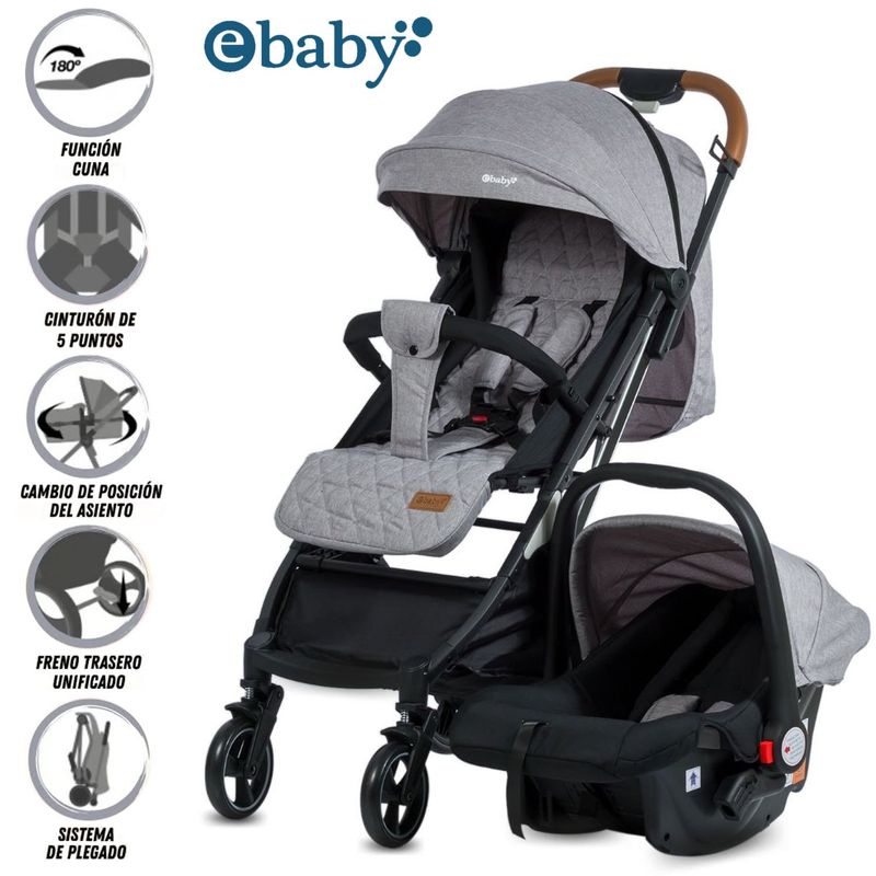 EBABY - Coche Maleta «TRAVEL HAPPY» con Porta Bebé Gris