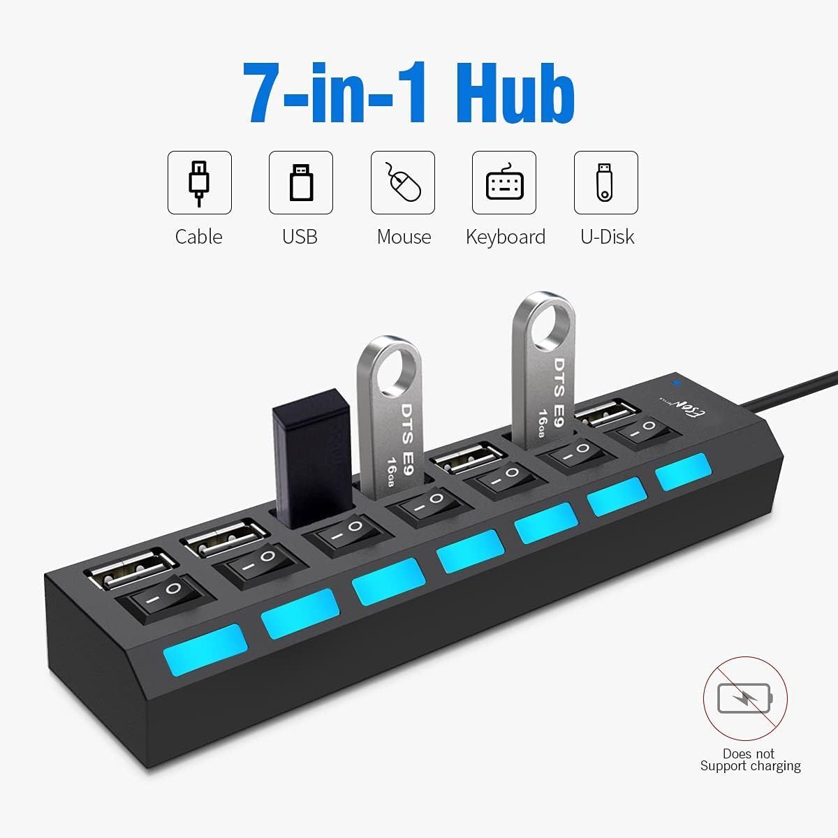 OEM - HUB MultipuertoUSB con 7 Puertos Con Interruptor Independiente 480Mbps