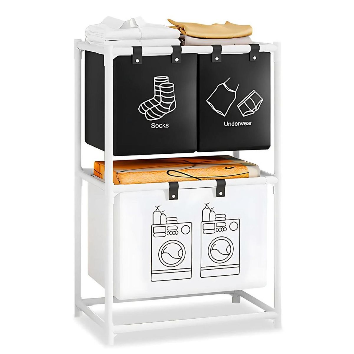 GENERICO - Cesto de Ropa 2 Niveles 3 Compartimientos para Lavandería 97x57x28cm Blanco