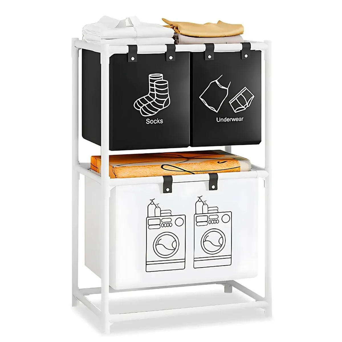 GENERICO - Cesto de Ropa 2 Niveles 3 Compartimientos para Lavandería 97x57x28cm Blanco