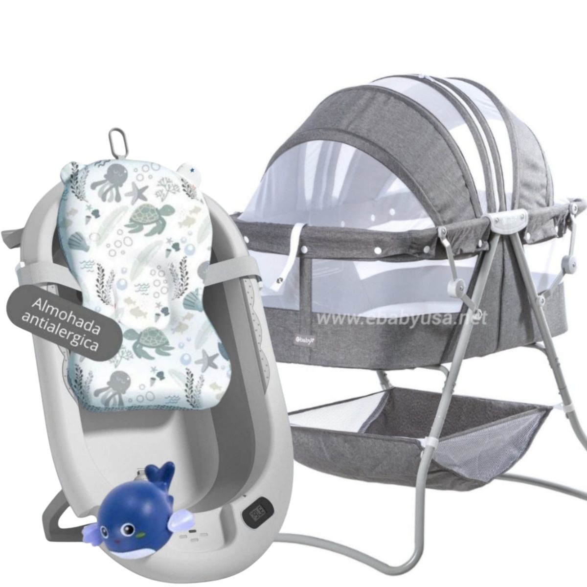 EBABY - Cuna Portátil Plegable DOLLY + Tina cojín con temporizador