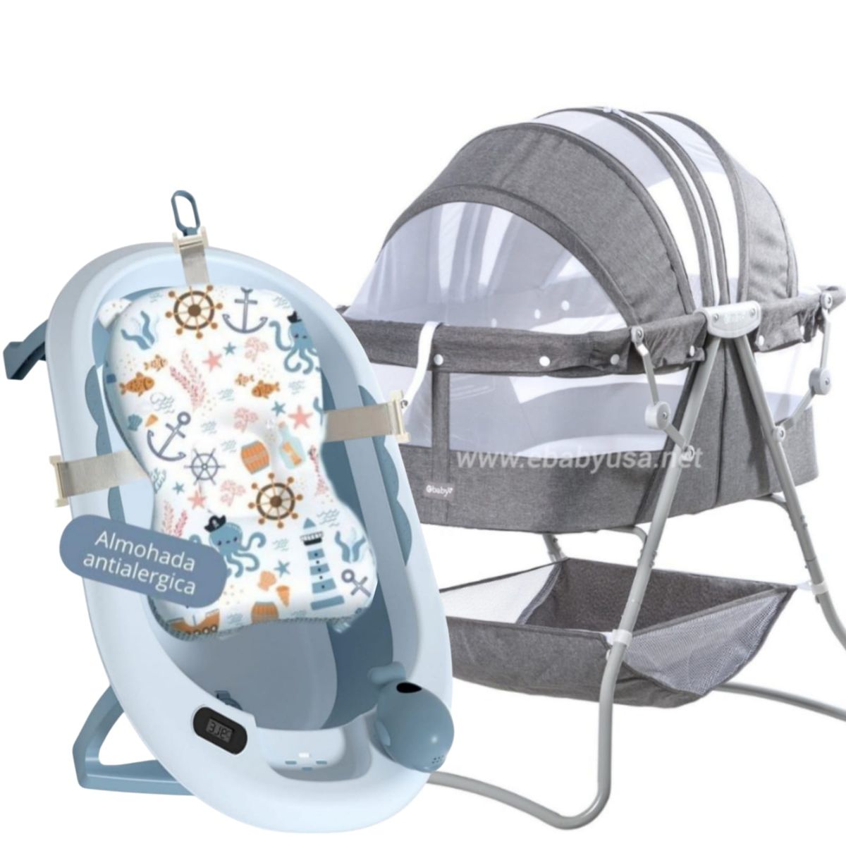 EBABY - Cuna Portátil Plegable DOLLY + Tina cojín con temporizador