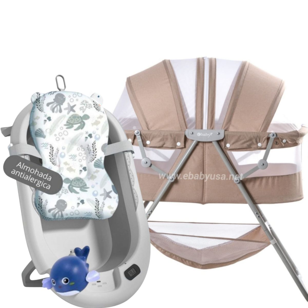 EBABY - Cuna Portátil Plegable DOLLY + Tina cojín con temporizador