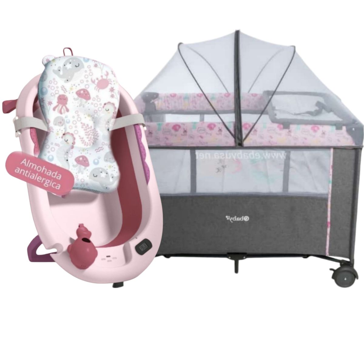 EBABY - Cuna Colecho NALA +Tina cojín con temporizador ROSA