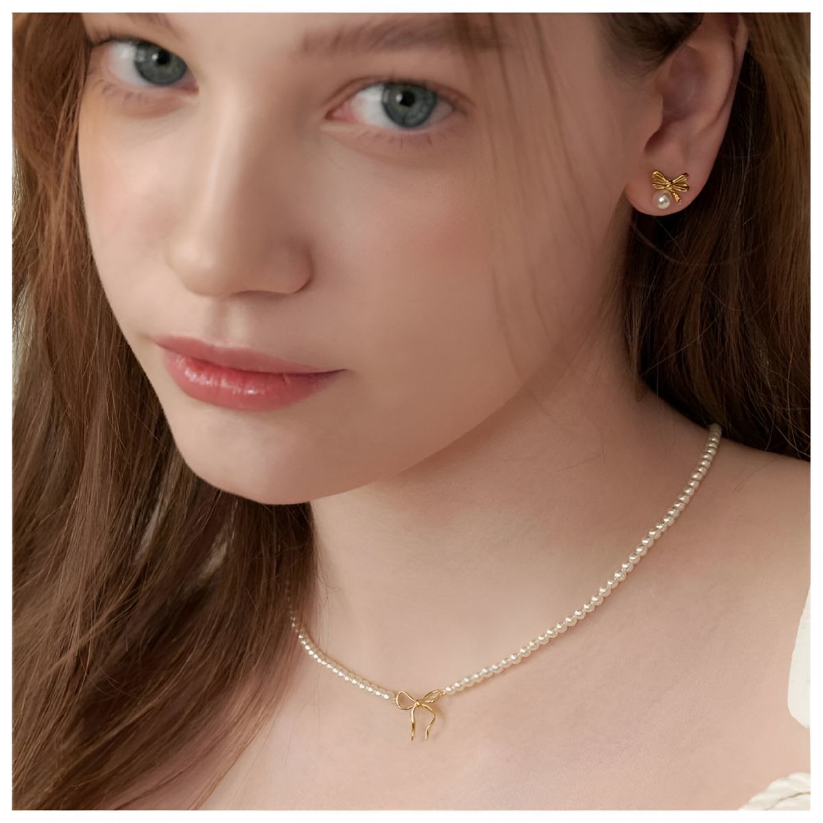 NO LOGO - Collar De Perlas Con Colgante Lazo Dorado