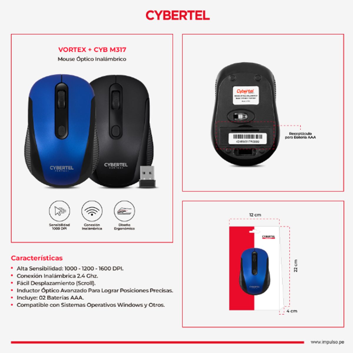CYBERTEL - Mouse VORTEX+ BLACK CYB M317  WIFI CYBERTEL