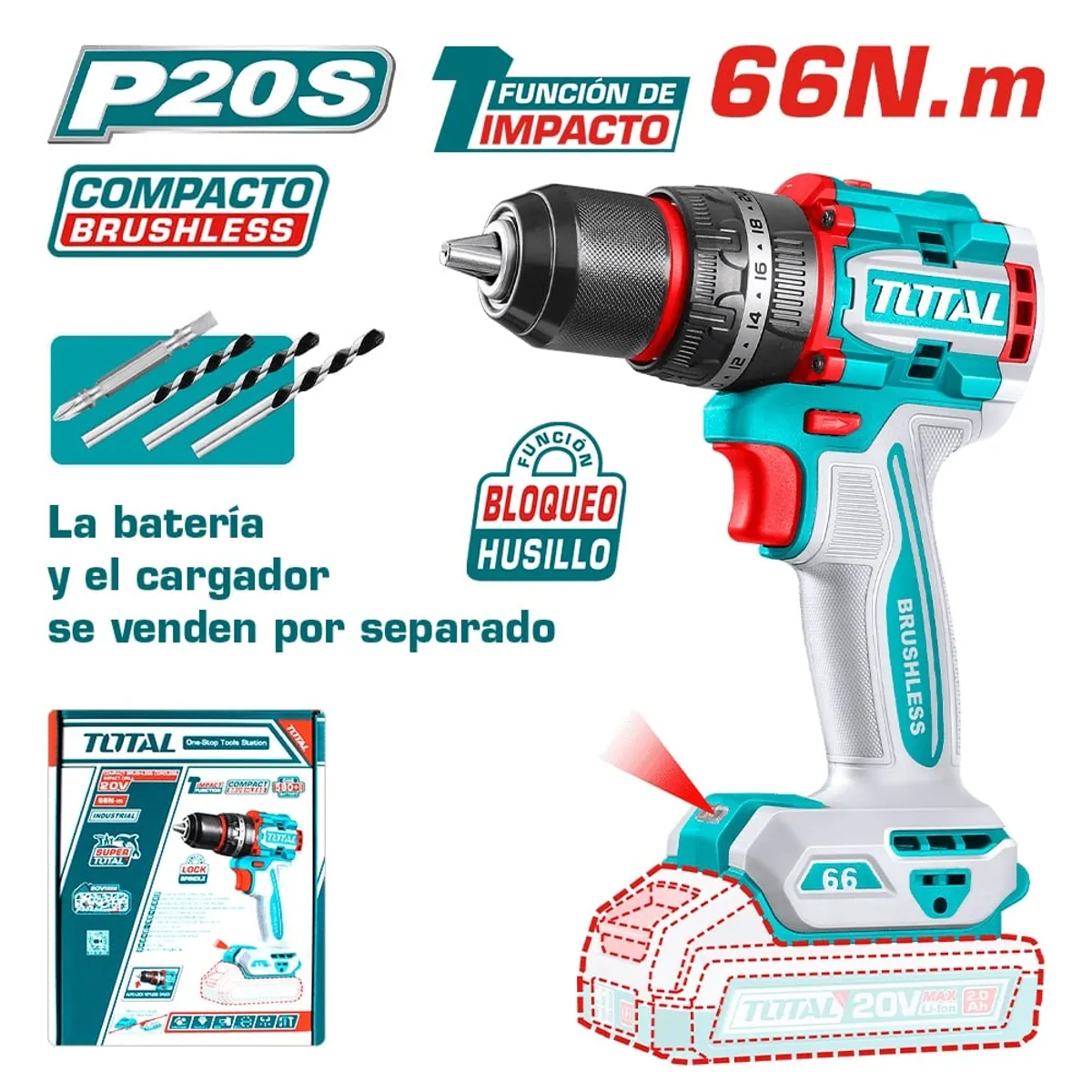 TOTAL TOOLS - TALADRO PERCUTOR ATORNILLADOR 20V 66NM INDUSTRIAL 13MM BRUSHLESS TIDL