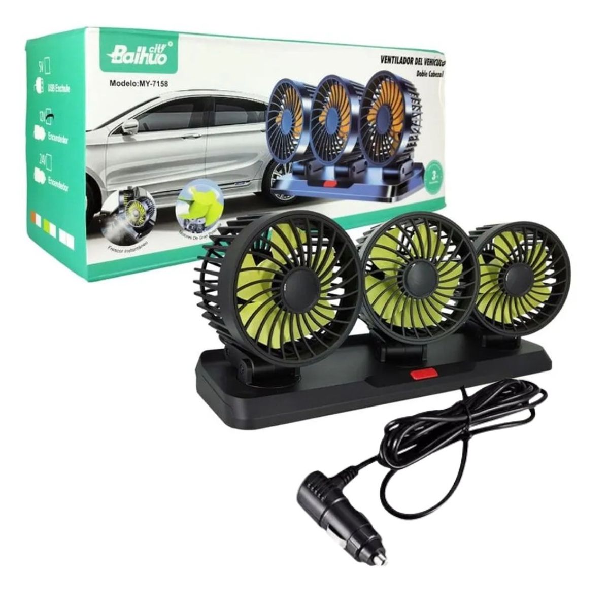 SEISA - Ventilador Auto Carro de triple Cabezal Giratorio 12V