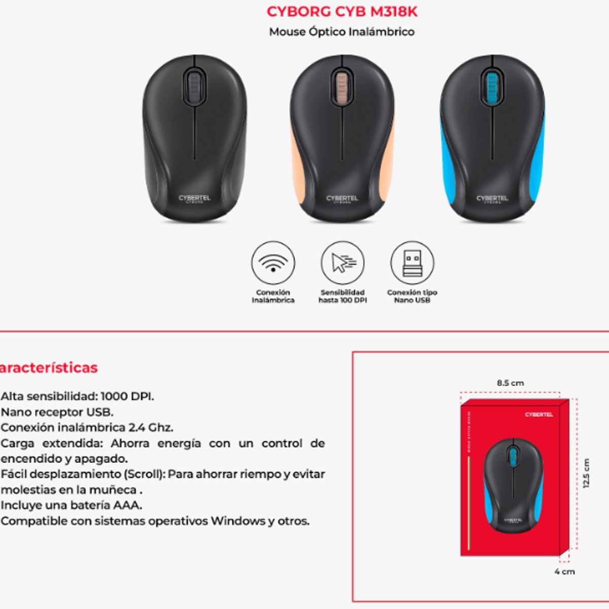CYBERTEL - Mouse Optico Inalambrico CYBORG PEACH CYB M318 WIFI CYBERTEL