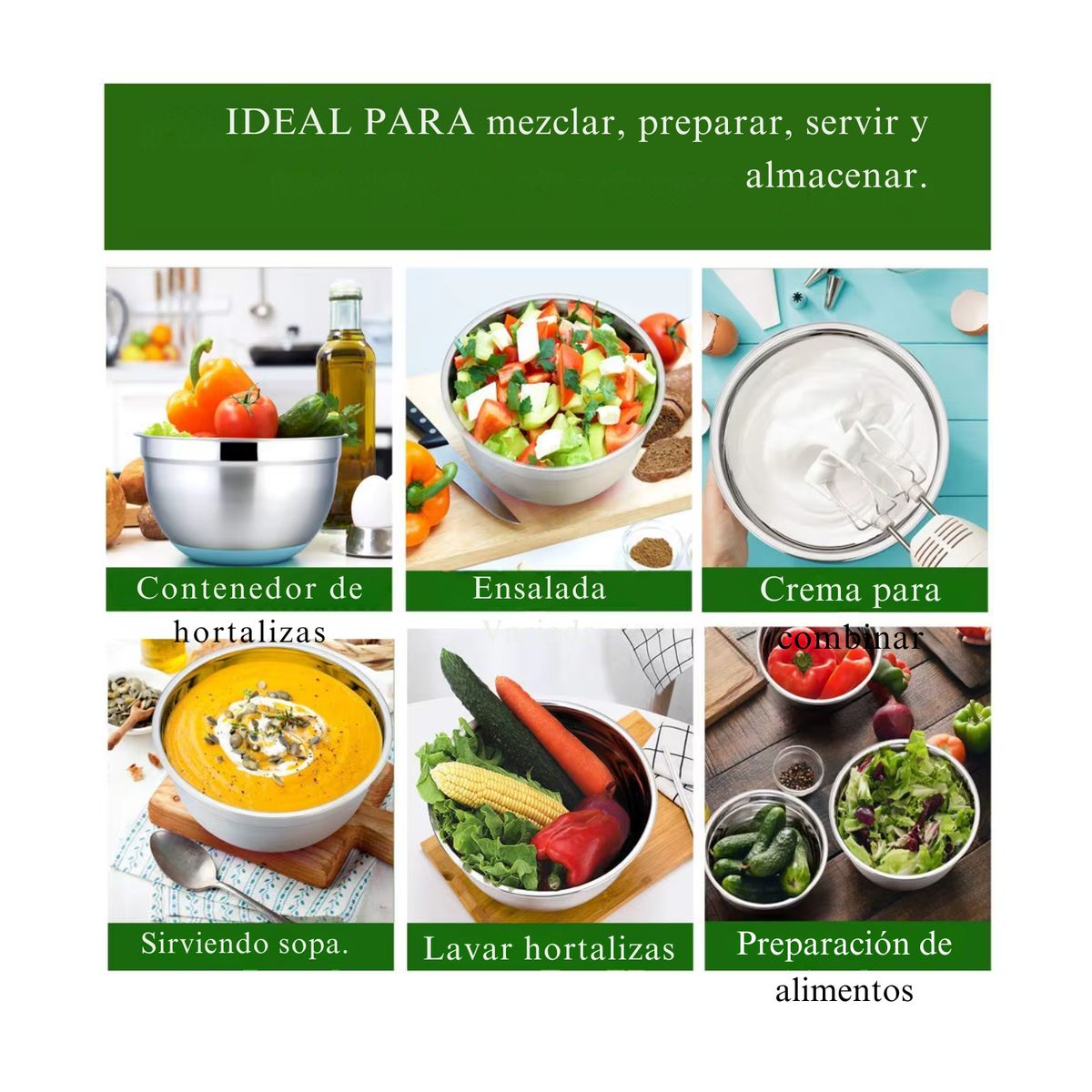 GENERICO - JUEGO DE BOWL DE ACERO INOXIDABLE CON TAPA 5 PZAS PREMIUM