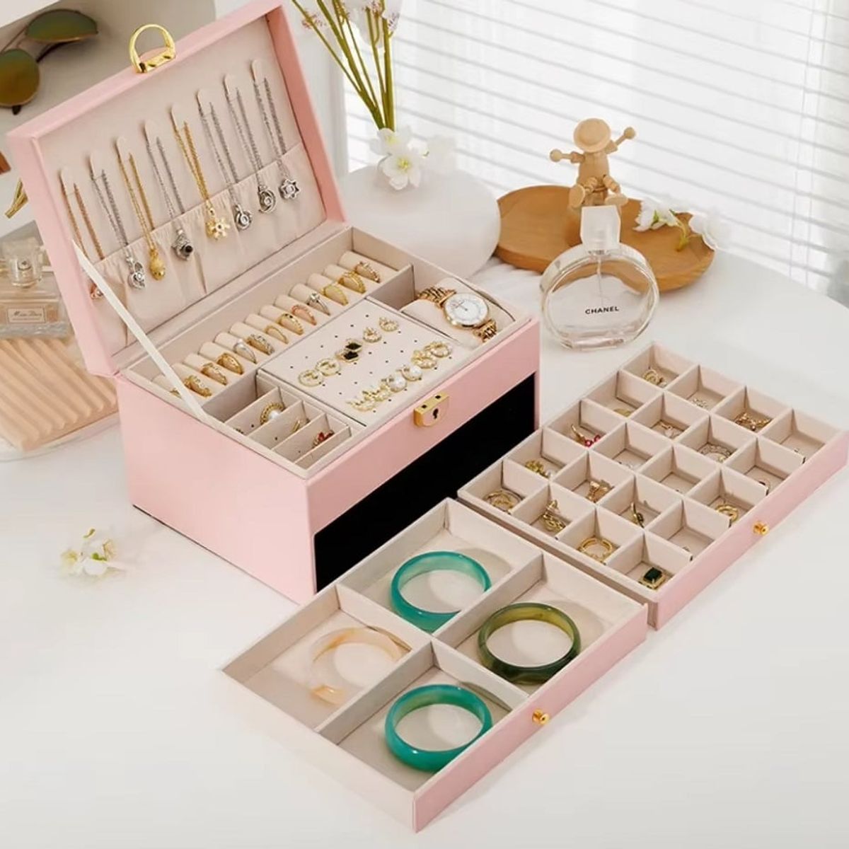 GENERICO - Joyero Grande de Tres Capas, Organizador de Joyas de 3 Niveles Rosado