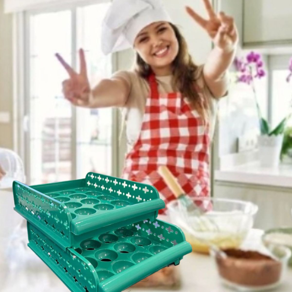 GENERICO - PORTA HUEVOS 2 BANDEJAS ORGANIZADOR DE 40 HUEVOS CONTENEDOR VERDE