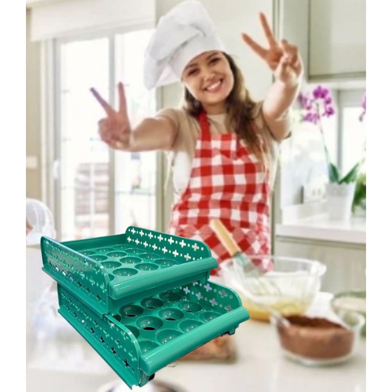 GENERICO - PORTA HUEVOS 2 BANDEJAS ORGANIZADOR DE 40 HUEVOS CONTENEDOR VERDE
