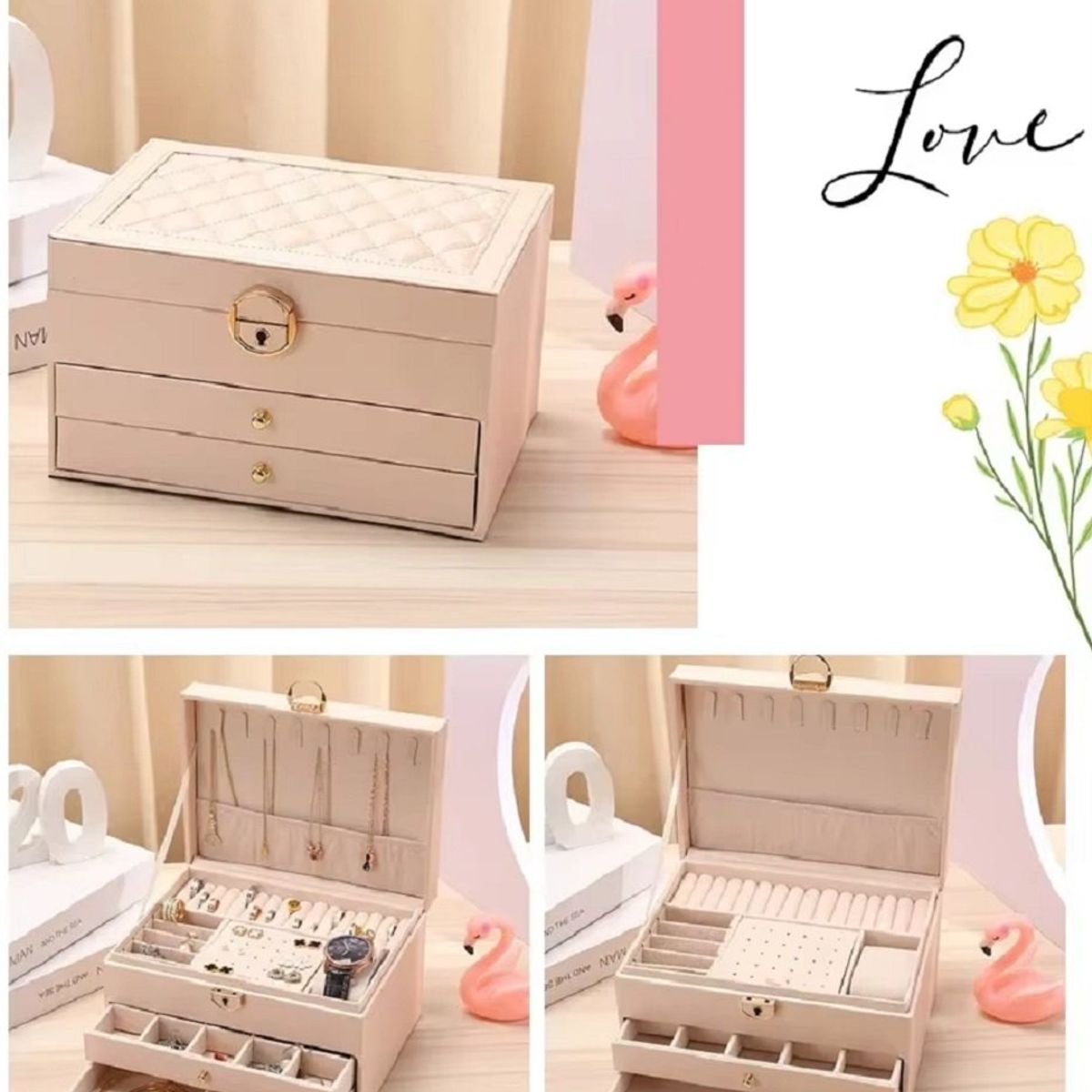 GENERICO - Joyero Grande de Tres Capas, Organizador de Joyas de 3 Niveles Rosado