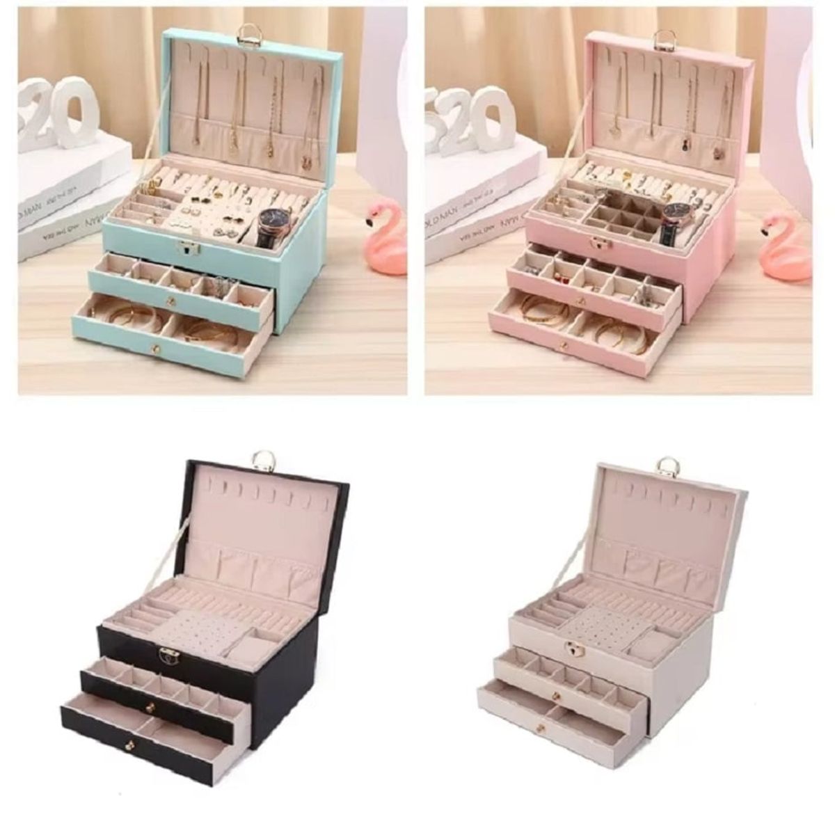 GENERICO - Joyero Grande de Tres Capas, Organizador de Joyas de 3 Niveles Rosado