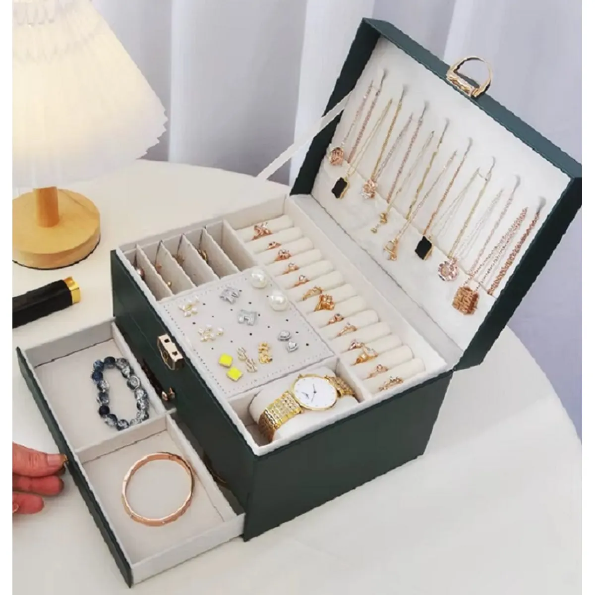 GENERICO - Joyero Grande de Tres Capas, Organizador de Joyas de 3 Niveles Negro