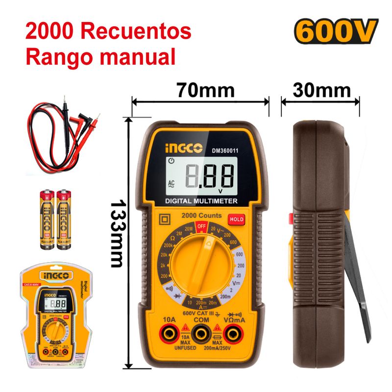 INGCO TOOLS - MULTÍMETRO DIGITAL INGCO 600V 2000 RECUENTOS DM360011