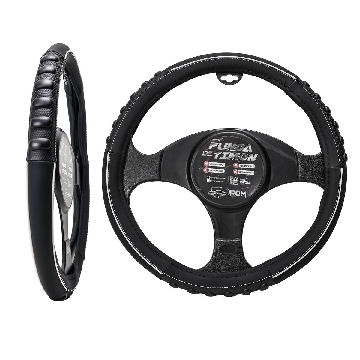 GENERICO - FORRO DE TIMON NEGRO CON DETALLE CINTA PLATEADA 40 CM