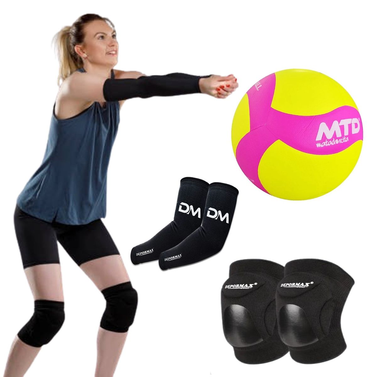 MTD - KIT VÓLEY PREMIUM PELOTA MTD RODILLERAS MANGAS NEGRO TALLA L