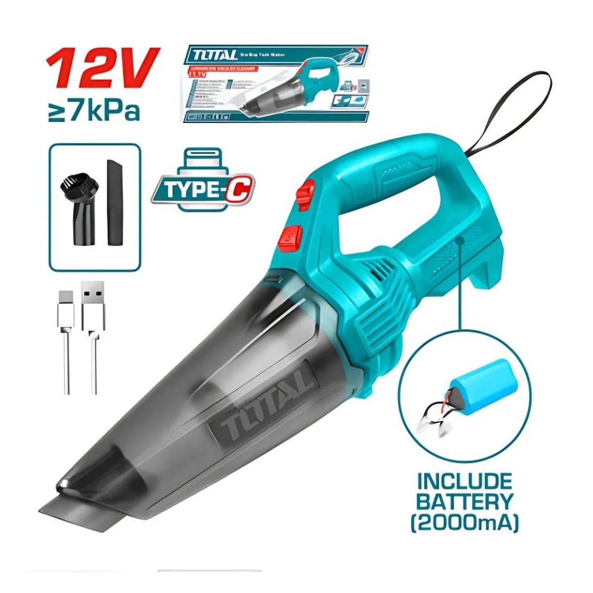 TOTAL TOOLS - ASPIRADORA 05L 12V 7KPA BATERIA ISR18650-2000MAH USB C 5V - TVLI2026