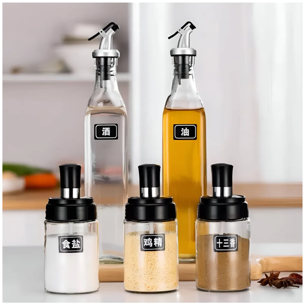 MINARI - Set De Dispensador De Aceite Y Condimenteros Especieros Pack X5 DAC20