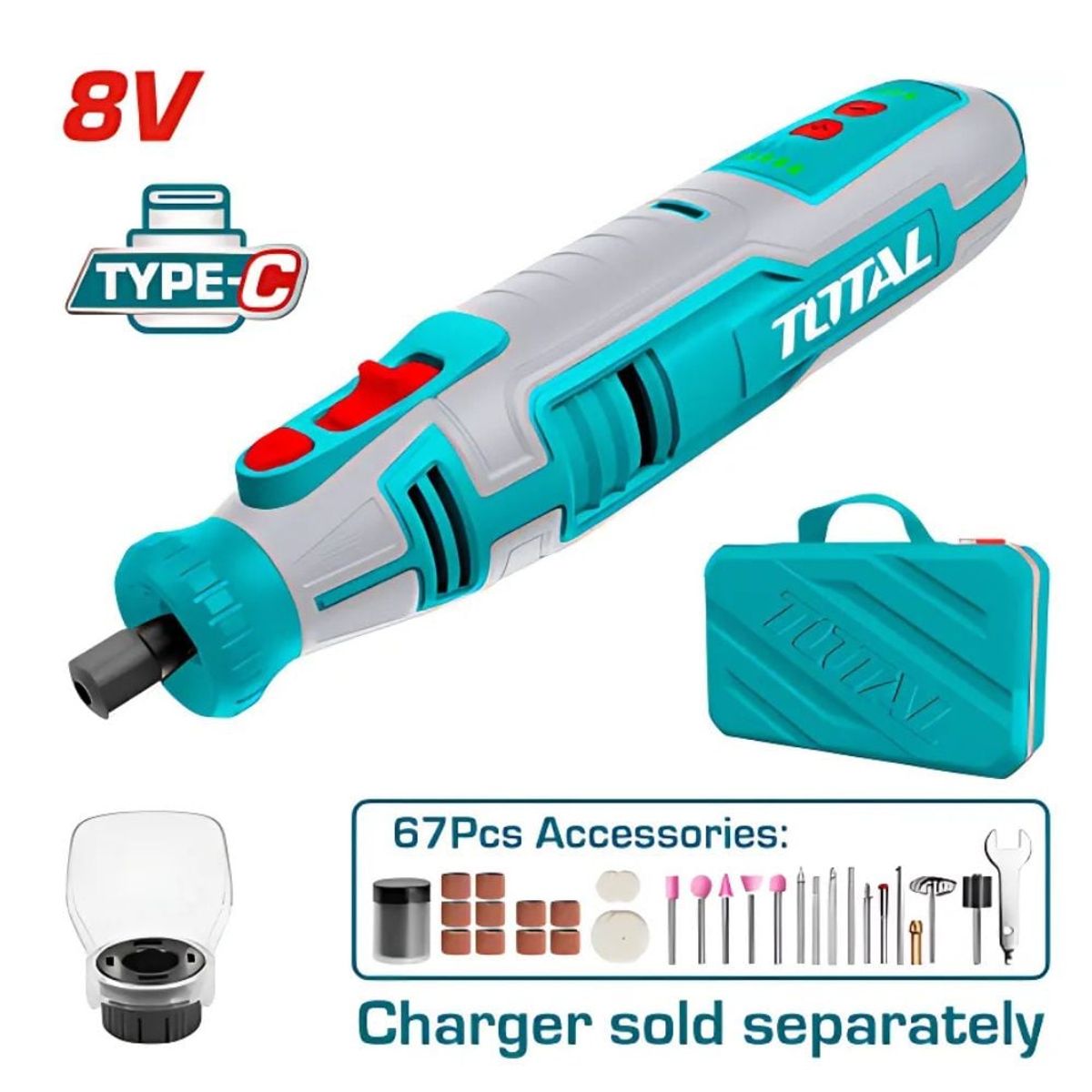 TOTAL TOOLS - Rectificadora Minitorno A Batería 8V Velocidad Variable 67 Accesorios TMGLI0801 TOTAL